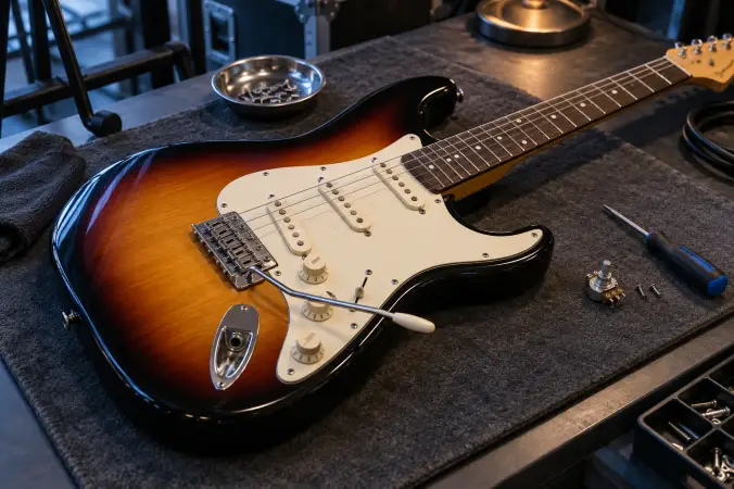 Electric guitar electronics on a protective repair mat
