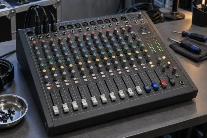 Audio mixing console with faders and controls