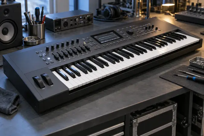 Electronic musical keyboard on an equipment bench