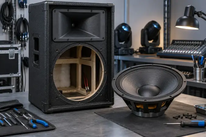 PA loudspeaker and speaker driver on a repair bench