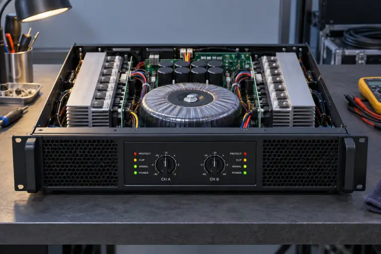 Audio power amplifier with its cover removed