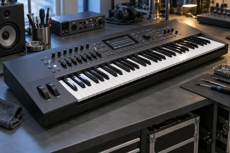 Electronic musical keyboard on an equipment bench