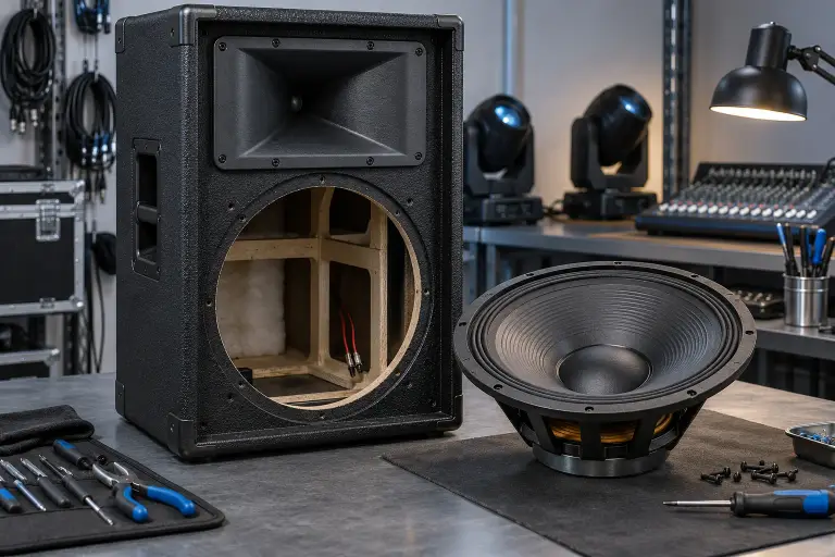 PA loudspeaker and speaker driver on a repair bench
