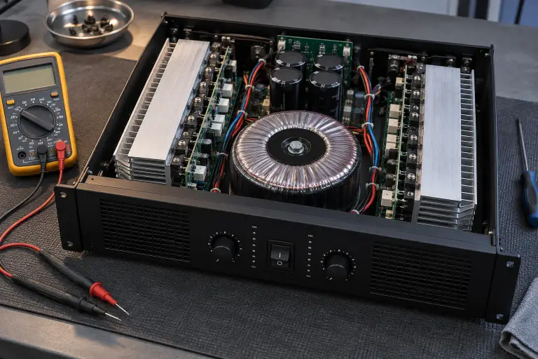 Opened audio amplifier beside diagnostic tools
