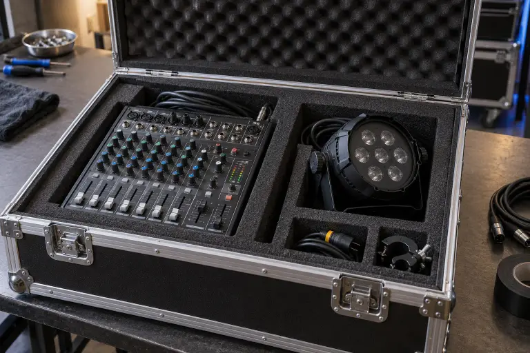 Audio mixer and event light secured in a protective transport case