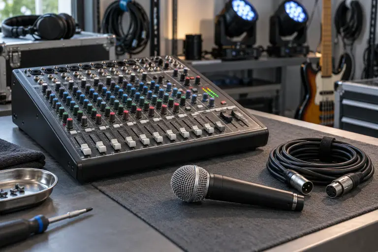 Audio mixer and microphone ready for inspection