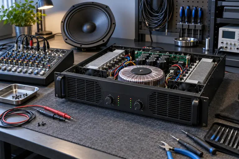 Audio equipment and tools on a repair workbench